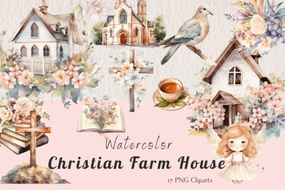 Watercolor Christian Farm House Cliparts and Crafts