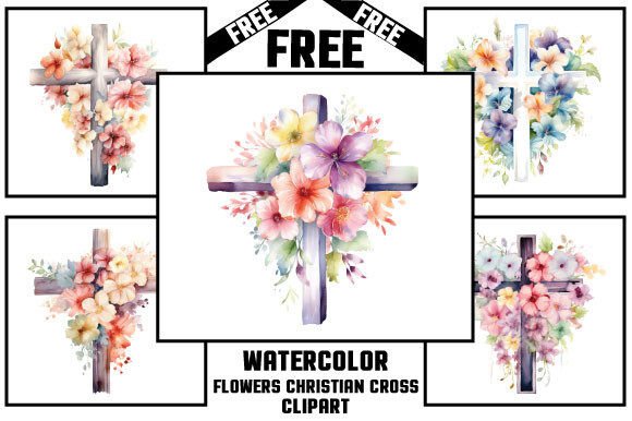 Watercolor Flowers Christian Cross Clipa and Freebies