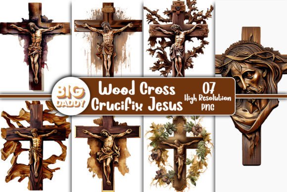 Wood Cross Crucifix Jesus Watercolor Illustrations